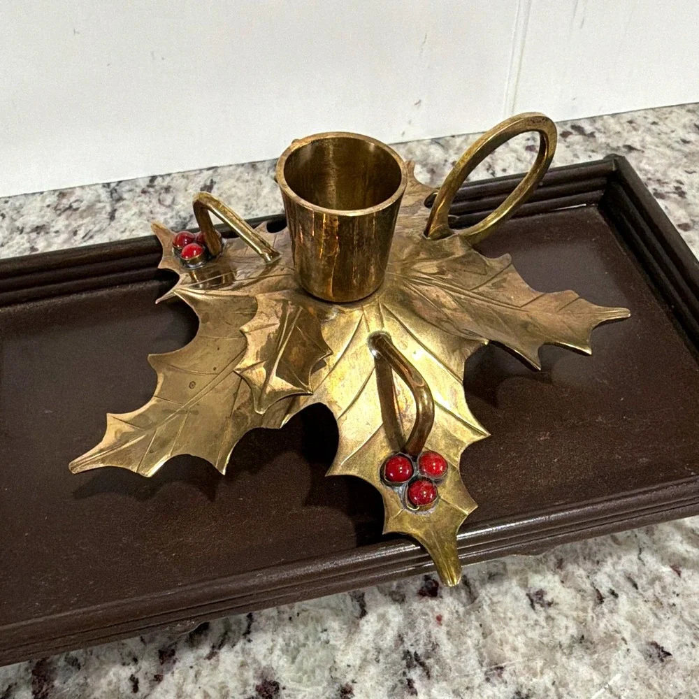 Vintage Brass Holly Leaf Chamber Candlestick Holder Red Berry Christmas India